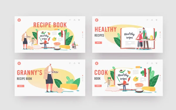 レシピブックランディングページテンプレートセット。健康食品を調理する文字.男性と女性のミックス成分,料理 — ストックベクタ