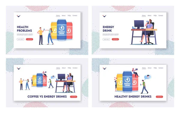 Drinki energetyczne Landing Page Template Set. Małe znaki uzależnione od tauryny lub kofeiny Napoje energetyczne — Wektor stockowy