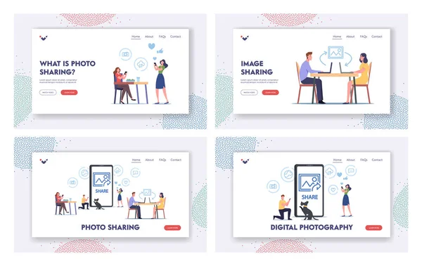 Conjunto de plantillas de Landing Page para compartir fotos. Personajes Navegar por las redes sociales. Gente haciendo post y compartiendo momentos felices — Archivo Imágenes Vectoriales