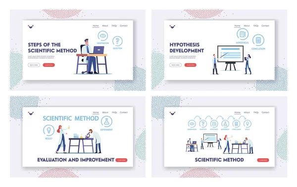 Método científico Conjunto de plantillas de página de aterrizaje. Científicos de Investigación de Laboratorio. Observación, pregunta, hipótesis — Archivo Imágenes Vectoriales