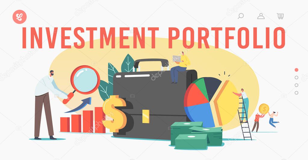 Investor Portfolio Landing Page Template.Tiny Business Characters at Huge Briefcase with Magnifying Glass, Money Pile