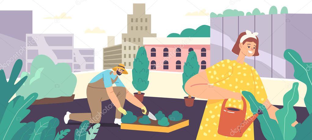 Characters Greening on Rooftop, Urban Farming, Gardening or Agriculture Concept. Woman Watering Flower with Watering Can