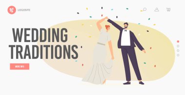 Düğün Gelenekleri İniş Sayfa Şablonu. Kutlama sırasında Mutlu Çiftler Dans Ediyor. Sadece Evli Gelin ve Damat