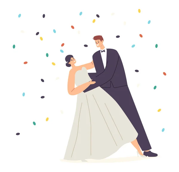 Ceremonia ślubu, mąż i żona walc pod Falling Confetti. Szczęśliwa para nowożeńców wykonać taniec — Wektor stockowy