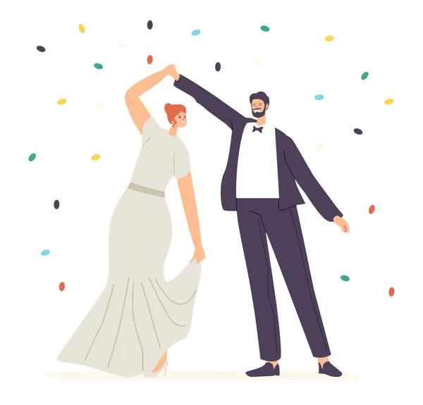 Счастливые молодожены исполняют свадебный танец во время свадьбы. Just Married Bride and Groom Characters Dance — стоковый вектор