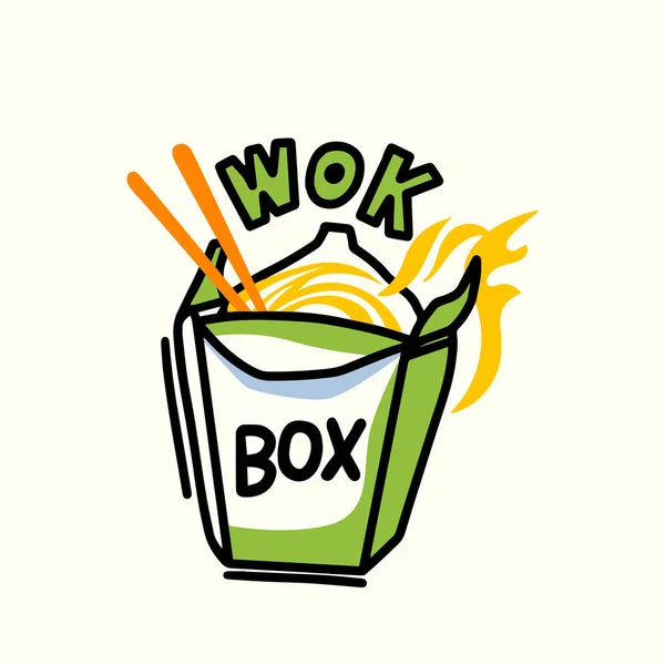 Wok Box tésztával, tűzzel és evőpálcikákkal, Design Element for Chinese Food Restaurant, Take Away Asian Meals Concept — Stock Vector