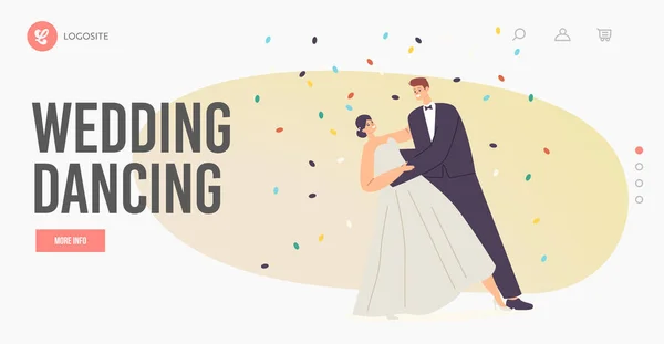 Свадьба Выполнить свадебные танцы Посадка Шаблон страницы. Празднование свадьбы, танцы молодого мужа и жены вальс — стоковый вектор