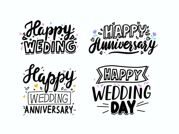 Definir casamento feliz, Aniversário Dia mão desenhada letras para cartão de saudação. Fonte, Cartaz, Elementos de Design —  Vetores de Stock