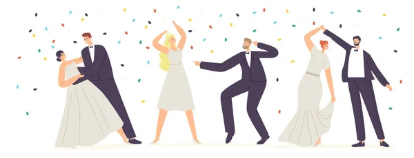 Wedding Dancing and Celebration Concept. Just Married Characters Dance, Newlywed Bride and Groom Couple Marriage — стоковий вектор