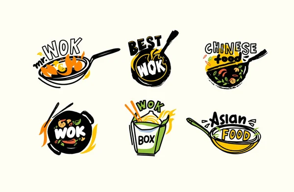 Set van pictogrammen of emblemen Wok en eetstokjes, Chinees eten, Vuur, vers gebakken Aziatische Maaltijden Koken Concept met Ingrediënten — Stockvector