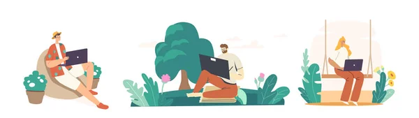 Personnages Freelance Outside Work, Indépendant Concept. Homme ou femme pigistes assis dans le parc ou le jardin de la ville — Image vectorielle