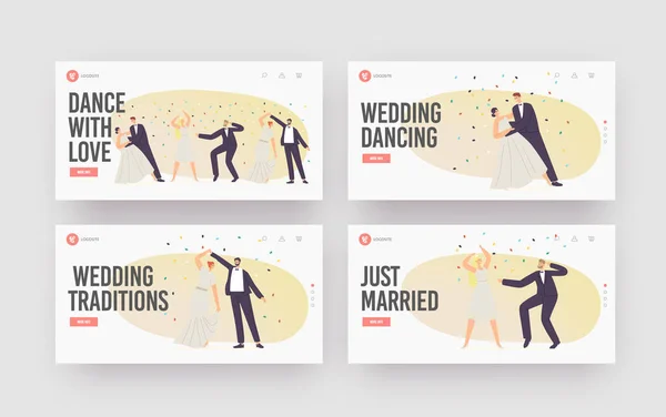 Wedding Dancing Landing Page Template Set. Just Married Characters Dance, Newlywed Bride and Groom Couple Marriage — Stock Vector