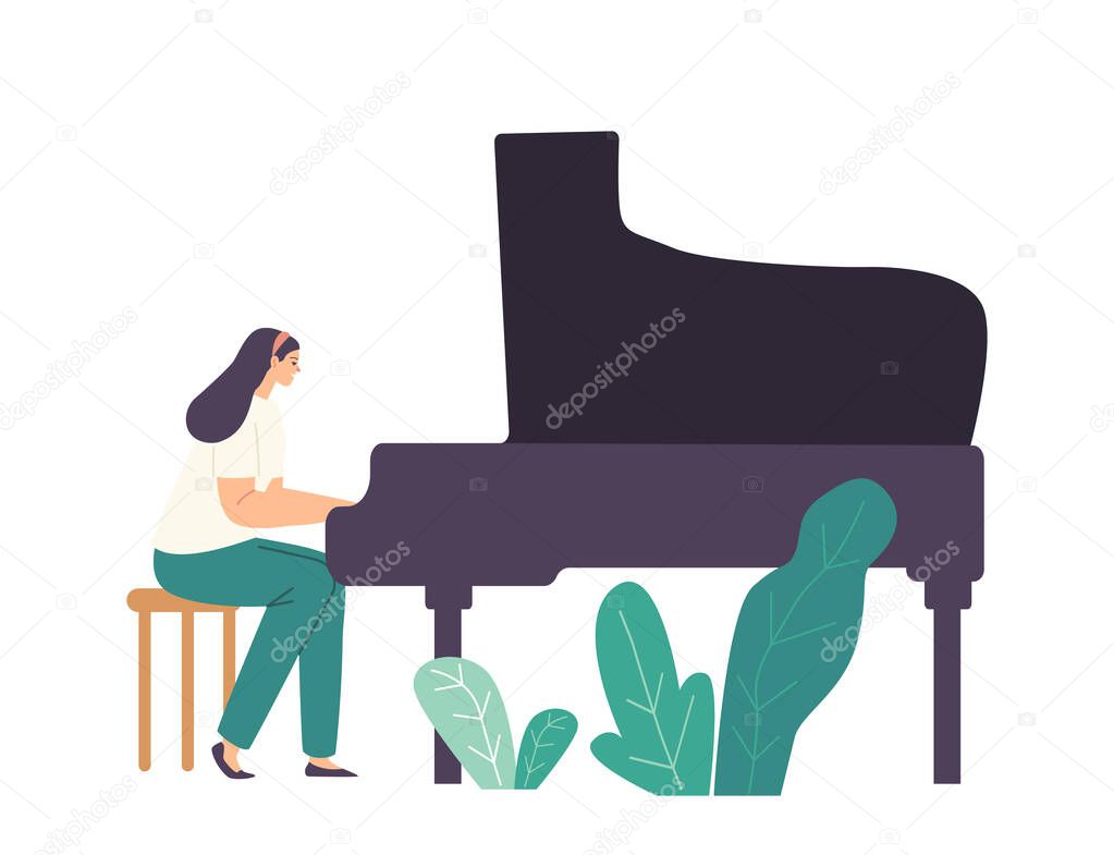 Pianist Girl Character Playing Musical Composition on Grand Piano for Symphonic Orchestra or Opera Performance on Stage