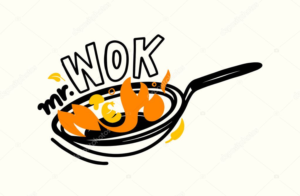 Mr. Wok Banner, Chinese Food Cooking and Fried Asian Meals Concept with Spicy Ingredients and Fire on Pan. China House