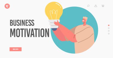 İş Motivasyon İniş Sayfası Şablonu. İş adamı, Yaratıcı Fikir Araştırması Projesi üzerinde çalışıyor. Ampullü Erkek Karakter