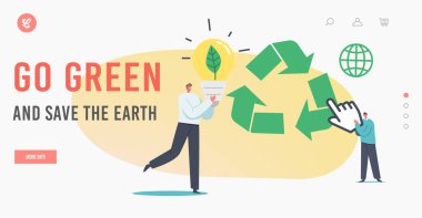 Bastır Green ve Dünya İniş Şablonunu Kurtarın. İçinde Ampul ve Yeşil Yaprak olan Küçük İşadamı Karakteri