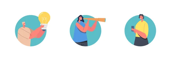 Tema Cambio y Oportunidad. Idea creativa o visión empresarial. Hombre con enorme bombilla iluminada, mujer mira en Spyglass — Vector de stock