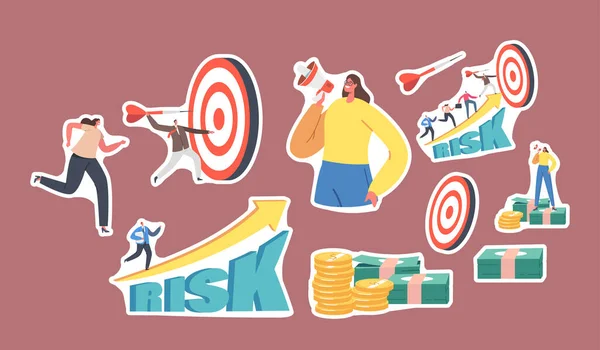 Set of Stickers Tiny Business Characters Throw Darts to Huge Target. Office Workers Career Boost, High Growing Risk — Stockvektor