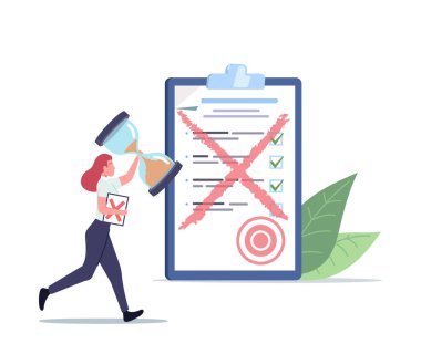 Dev Kum saati ve Kızıl Haçlı Kağıt Belgesi ile Küçük Kadın Karakter Koşusu. Ofis çalışanının Kötü Çalışmayı Yeniden Çalışması Gerekiyor