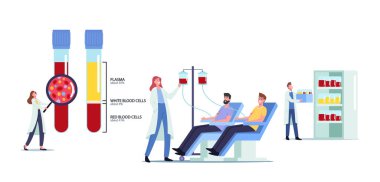 Yaşam Kanı Bileşimi Konsepti. Plazma, beyaz ve kırmızı kan hücreli Dev Cam Şişeler 'de Küçük Kadın Doktor Karakteri