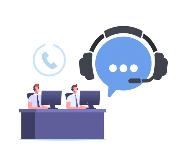 Telemarketing Samtalsoperatör tecken Hotline Kommunikation, Samråd. Teknisk support Specialist sitta vid datorn — Stock vektor