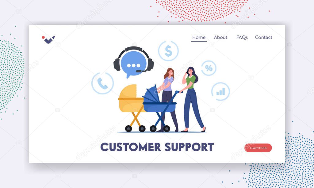 Customer Support Landing Page Template. Young Women Walking with Baby Strollers Call to Telemarketing Store