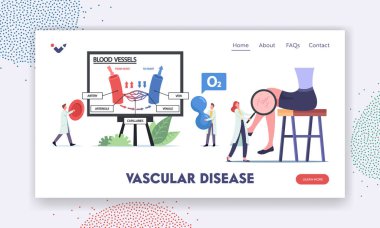 Vasküler Hastalık İniş Şablonu. Tiny Doctors Karakterleri Damarlarda ve Damarlarda Kan Dolaşımı Sunar