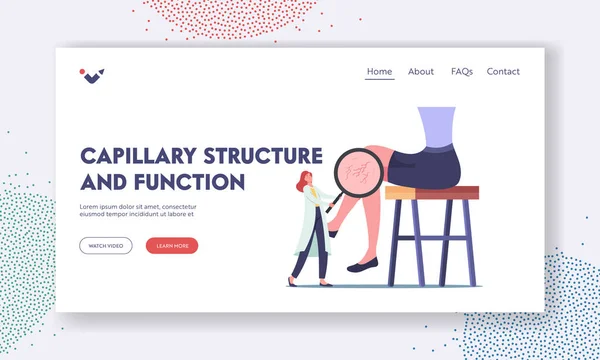 Capillary Structure and Function Landing Page Template. Vessels Health Care. Doctor Character with Glass Looking on Foot — Stockvektor