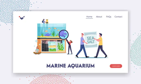 Aquaristics Hobby Landing Page Template. Tiny Characters near Huge Aquarium with Decor for Fish Seaweeds and Corals — Stockvektor