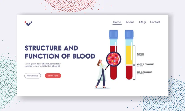 Structure and Function of Blood Landing Page Template. Lifeblood Composition. Tiny Femalewith Huge Magnifying Glass — Stock Vector