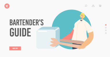 Barmenler Rehber İniş Şablonu. Barista Kokteyl, Taze İçecek İçin Büyük Buz Parçası Tutuyor