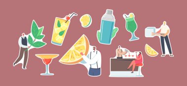 Stickers People soğuk içecekler içiyor. Barmenlerin karakterleri yaz zamanı farklı içecekler pişirir. Cam Bardaklar