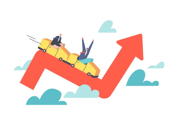 Oameni de afaceri Caractere Investitori Calarind Roller Coaster pe diagramă, Căderea pe incertitudine, Volatile Up and Down Arrow Graph — Vector de stoc