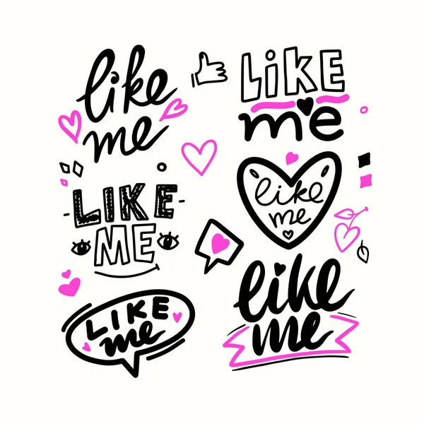 Шрифт Like Me в стиле Drawn, в социальных сетях появилась типография с сердечками и пальцами на белом фоне — стоковый вектор