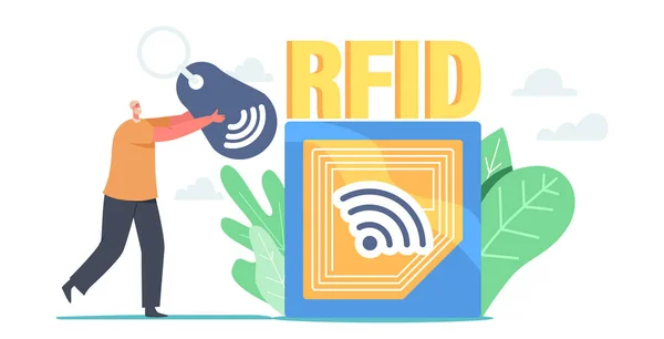 小さな文字は、巨大なRFIDスキャナ、無線周波数識別タグ識別技術無線システムを運ぶ — ストックベクタ