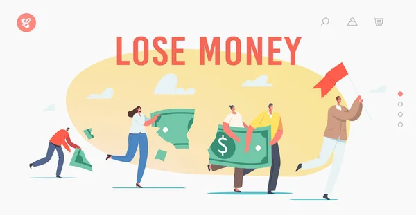 Karakters verliezen geld Landing Page Template. Investeringen in financiële crisis, winst- en verliesverrekening en inflatie — Stockvector