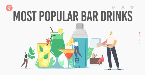 Najbardziej popularne napoje Bar Landing Page Szablon. Malutkie postacie barmana Cook Napoje w okresie letnim, Sok z wody — Wektor stockowy