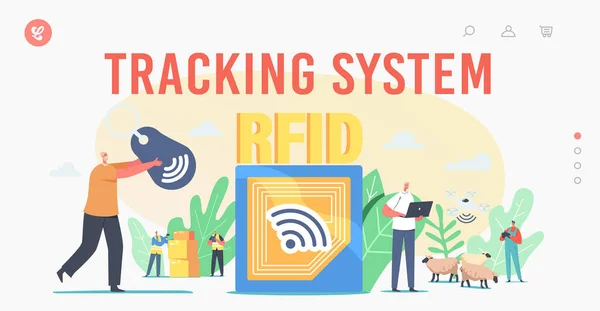 Tracking System Landing Page Template. Rfid, radiofrequentie identificatie tag technologie. Klein elektromagnetisch spoor — Stockvector