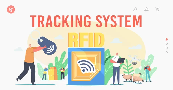 Tracking System Landing Page Template. Rfid, tecnologia di identificazione a radiofrequenza. Piccolo binario elettromagnetico — Vettoriale Stock