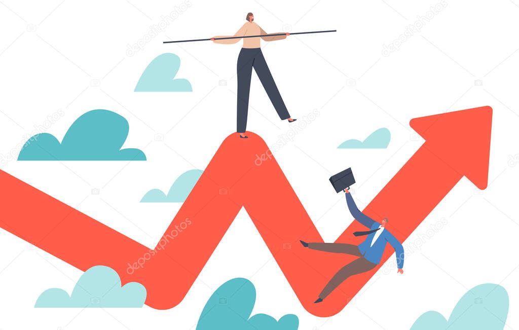 Businessmen Characters Trying to Balance Like Tightrope Walker and Fall Down from Zig-Zag Arrow Profit Graph, Volatility