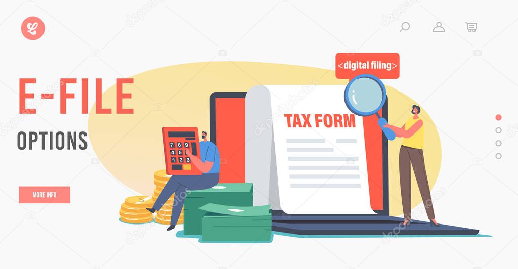 E-file Options Landing Page Template. Female Character with Magnifier Look on Tax Form, Man Make Payment Calculation