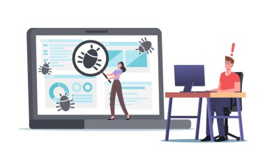 Programcı Karakterleri Hataları Yakalar, Hata Ayıklama, Programlama, Kodlama, Uygulama Oluştur. Uygulama Geliştirme ve Test