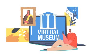 Home Leisure İnternet Teknolojisi, Sanal Eğitim ve Eğlence. Küçük Erkek Karakteri Dünya Müzesini Çevrimiçi Ziyaret Ediyor