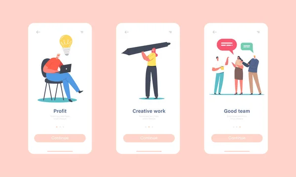 Profit, kreative Arbeit, Good Team Mobile App Page Onboard Screen Template. Winzige weibliche Figur mit riesigem Stift, Idee — Stockvektor