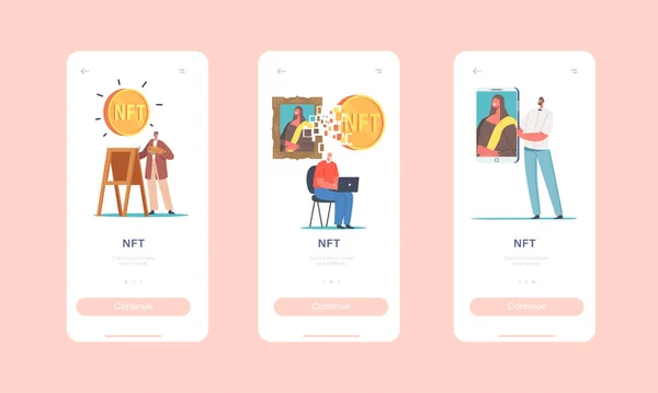 NFT Mobile App Page Onboard Screen Template. Charaktere nutzen Kryptowährung und erstellen digitales Transaktionskonzept — Stockvektor