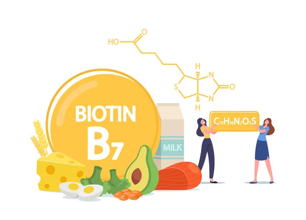 Maličké postavy s Biotinovým vzorcem. Ženy, které používají vitamín B7 pro dobrou náladu, zdraví a stravu. Farmaceutický kolagen — Stockový vektor