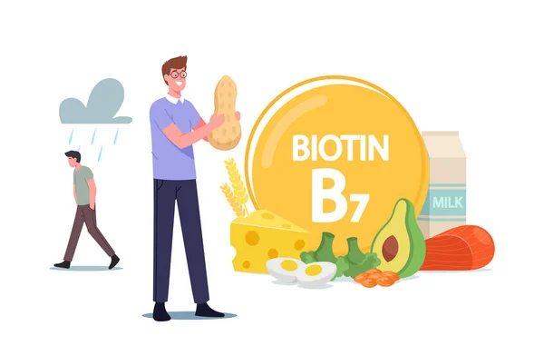 Mužská postava Držení arašídy Jíst zdravé potraviny a přírodní ingredience, Muž aplikující biotin, Vitamin B7 pro zdraví — Stockový vektor