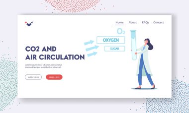 CO2 ve Hava sirkülasyon iniş sayfası şablonu. Laboratuvardaki Küçük Bilim Adamı Kadın Karakteri Büyük Cam Şişeye Bakıyor