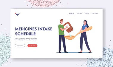 İlaç Giriş Programı İniş Şablonu. Küçük Erkek Karakteri Şişeden İlaç Dökme Büyük Kaşık, Tedavi