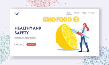 Healthy Genetically Modified Food Landing Page Template. Tiny Scientist Character Inject Liquid for DNA Modification clipart